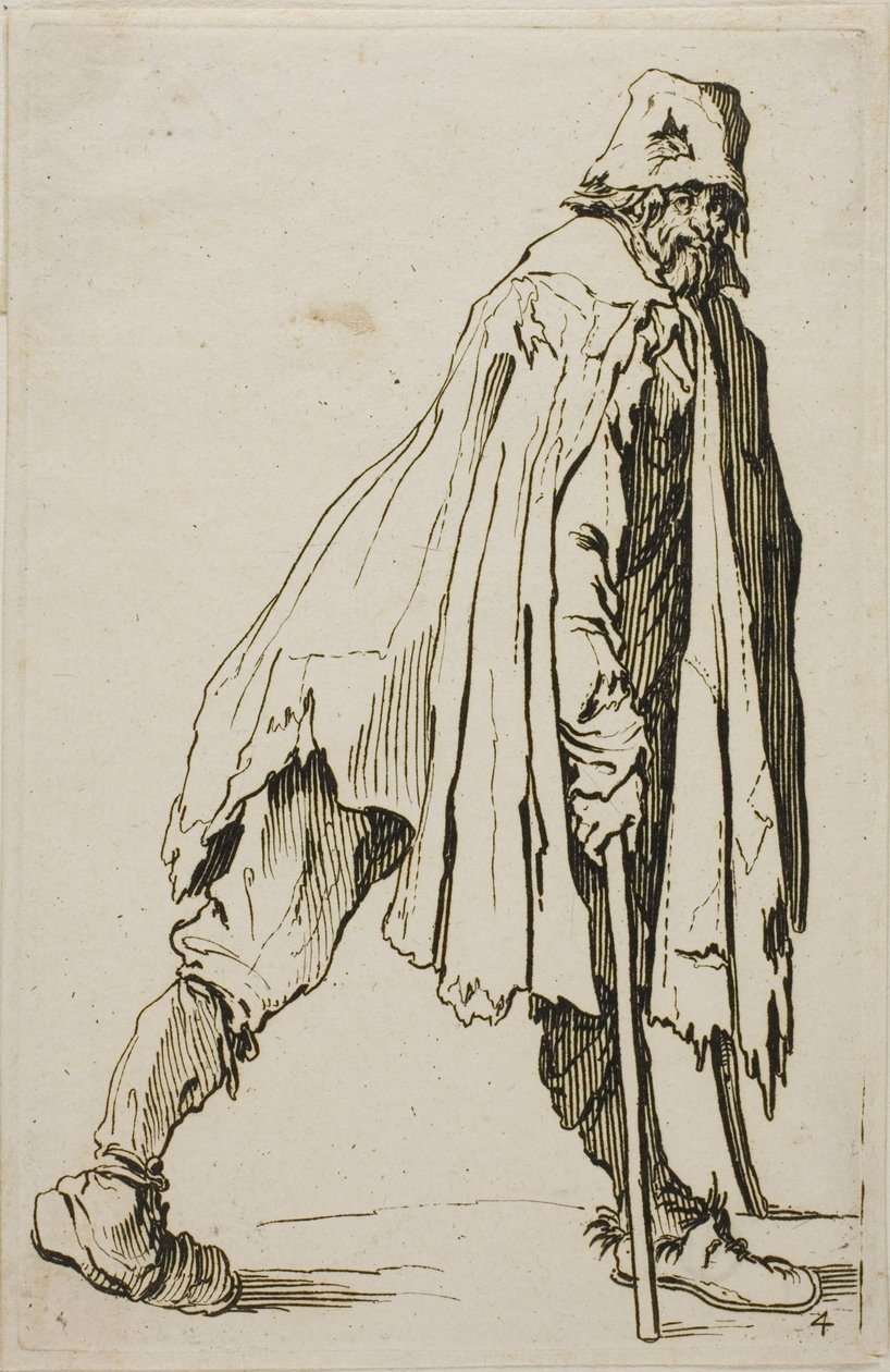Mendigo con muletas con sombrero, lámina cuatro de Los mendigos de Jacques Callot
