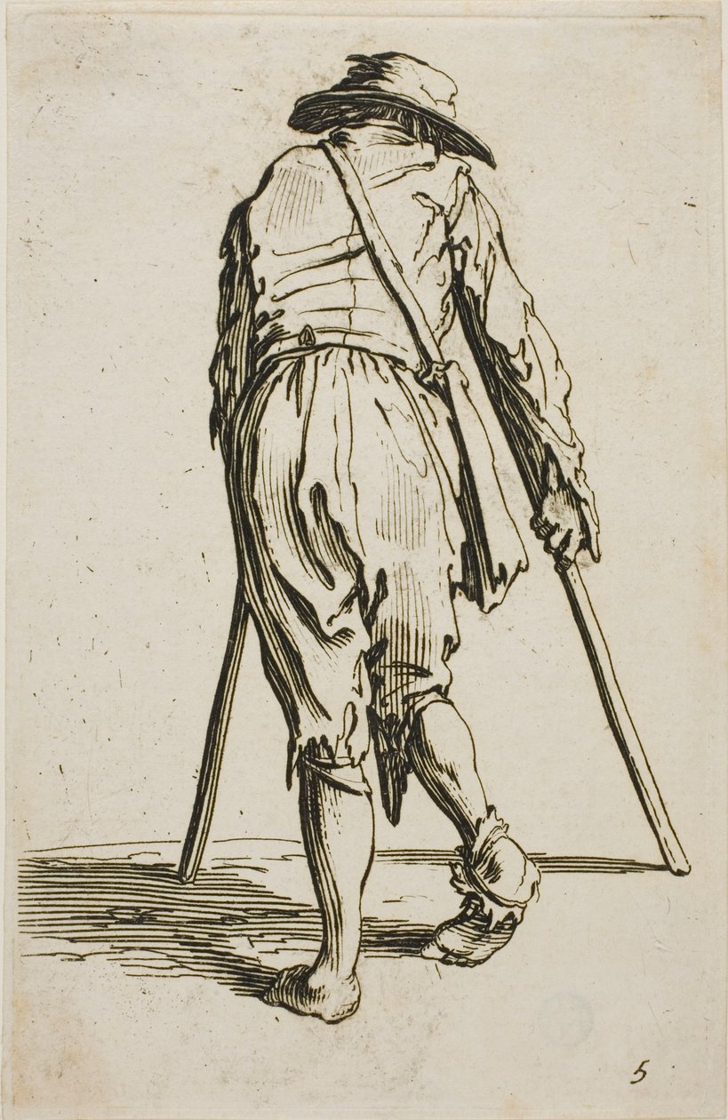 Mendigo con muletas y sombrero, visto de espaldas, lámina cinco de Los mendigos de Jacques Callot
