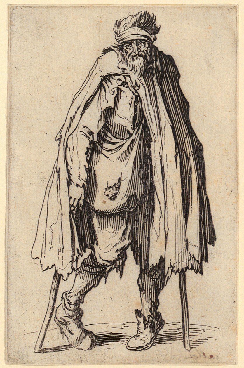 Mendigo con muleta y bolsa bandolera, lámina 10 de la serie «Los mendigos» de Jacques Callot