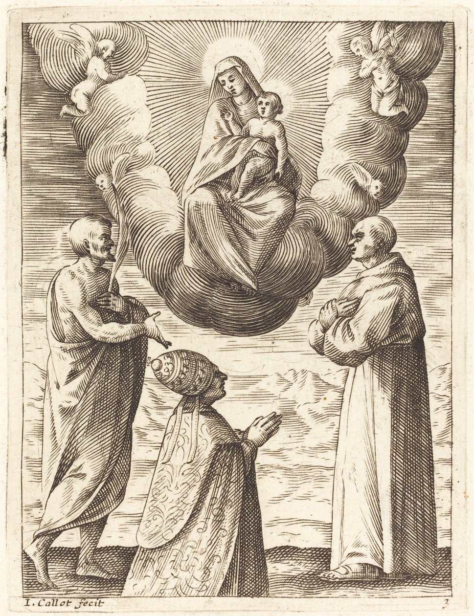 Bonifacio VIII con los santos Francisco y Crispín adorando a la Virgen y el Niño de Jacques Callot