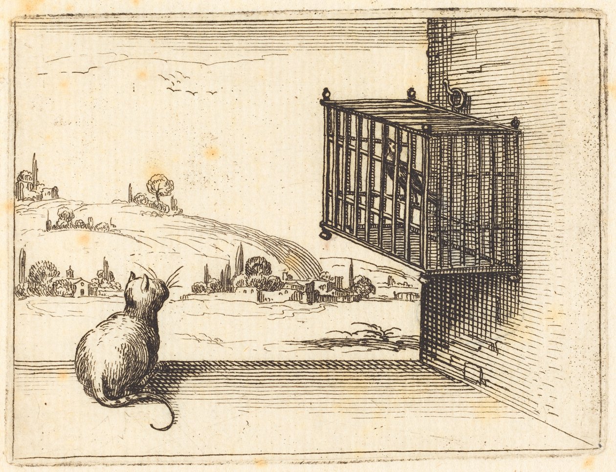 Gato observando a un pájaro enjaulado de Jacques Callot