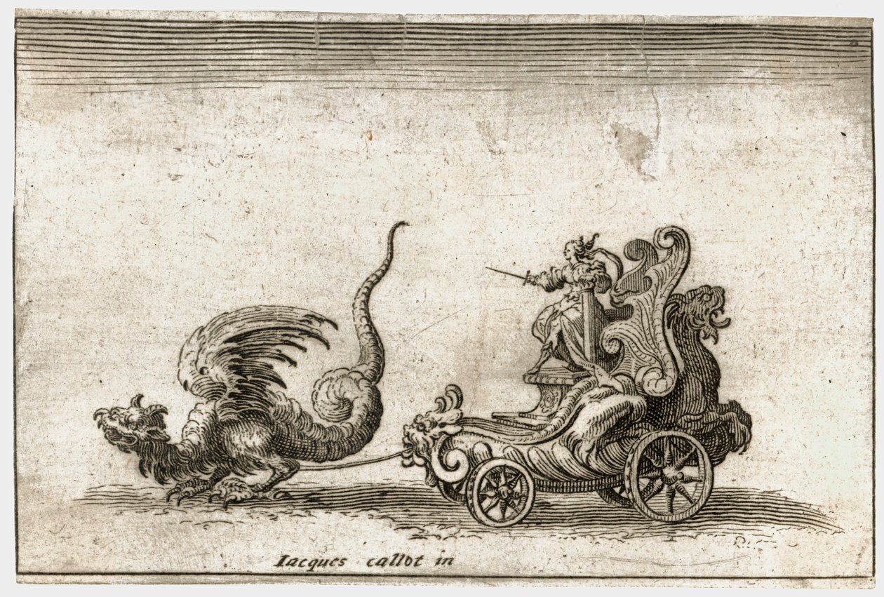 Combat a la barriere: Un carro tirado por un dragón ... (grabado) de Jacques Callot