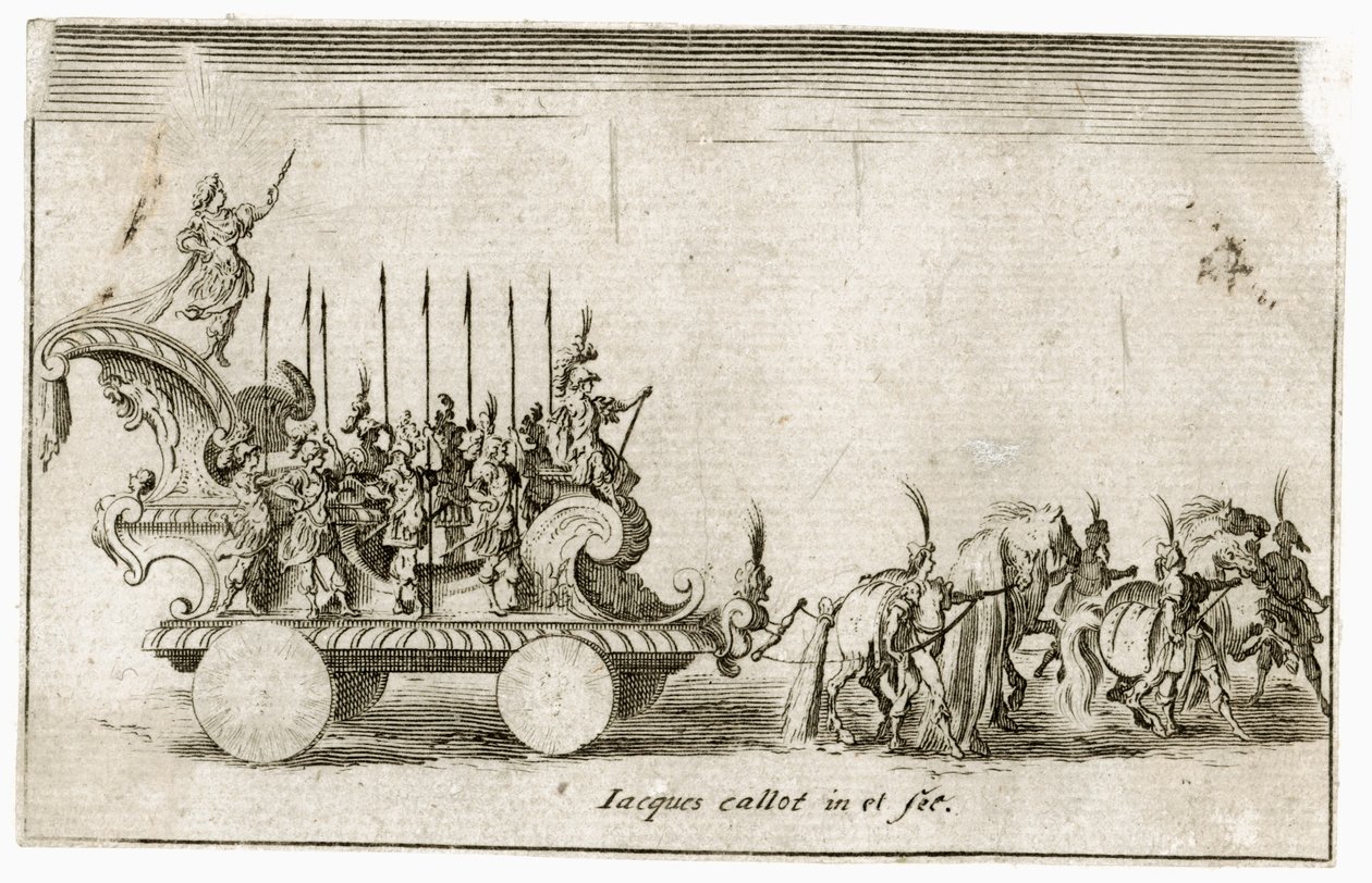 Combat a la barriere: Entrada de su Alteza el Duque Carlos IV, representando el sol ... (grabado) de Jacques Callot