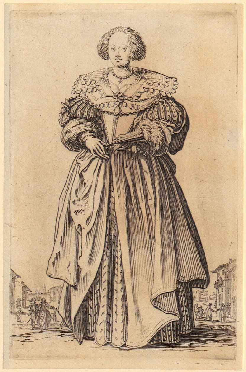 Dama con abanico, lámina 9 de la serie «La nobleza» de Jacques Callot
