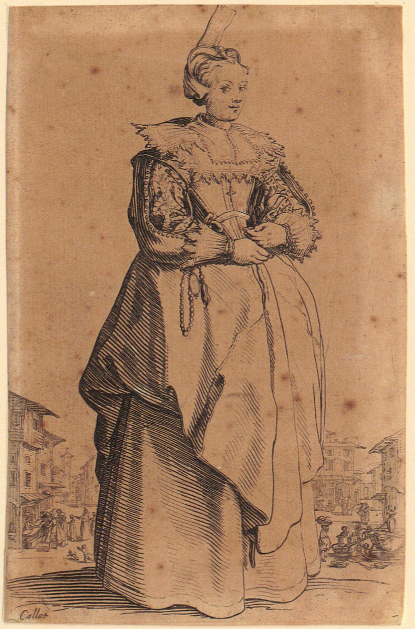 Dama con tocado, lámina 1 de la serie «La nobleza» de Jacques Callot