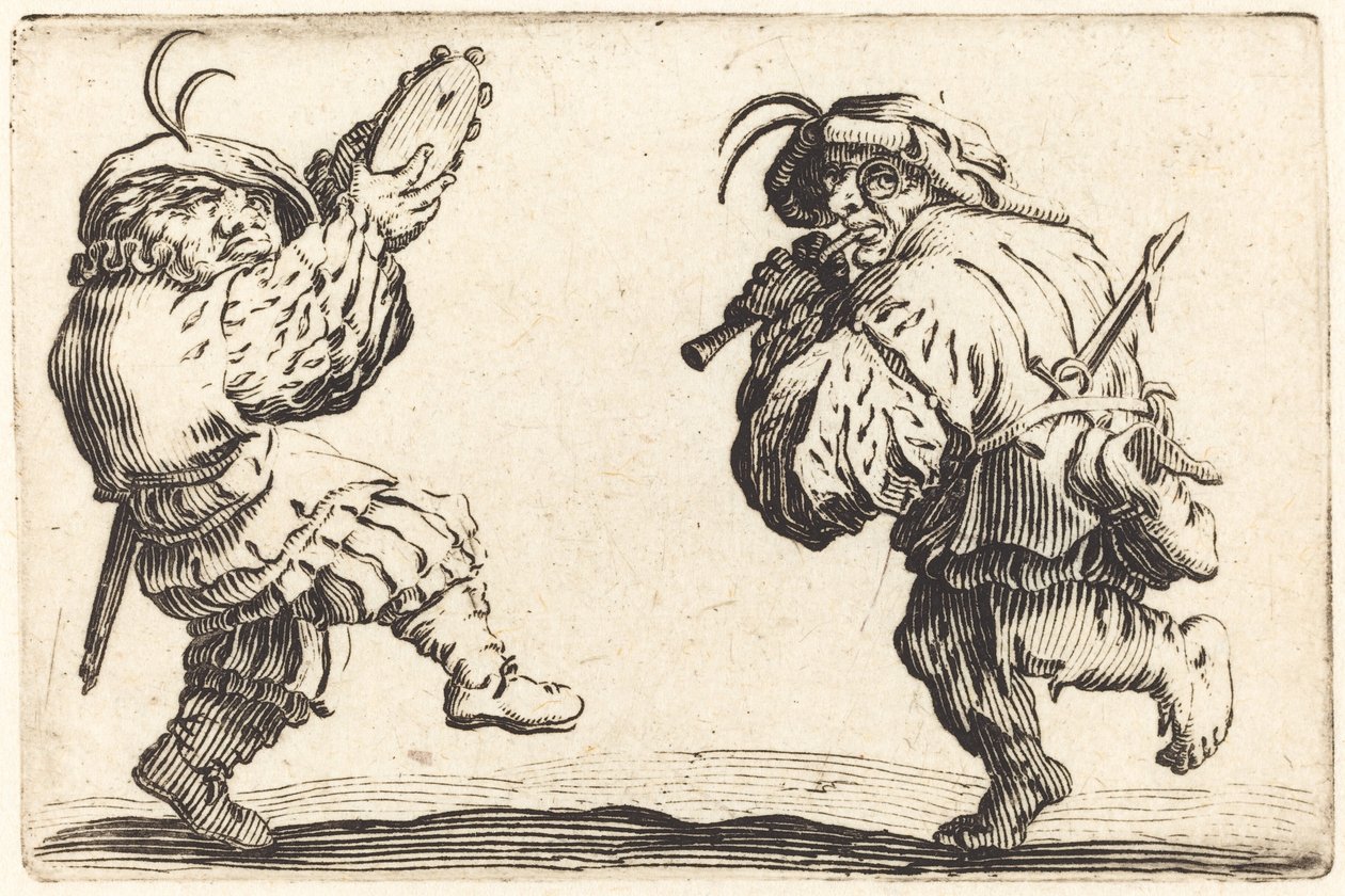 Bailarines con flauta y pandereta de Jacques Callot