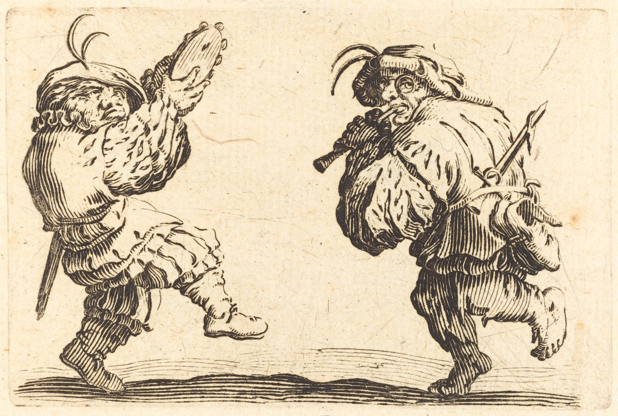Bailarines con flauta y pandereta de Jacques Callot
