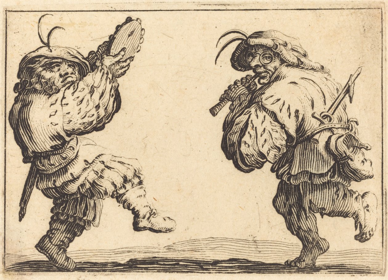 Bailarines con flauta y pandereta, c. 1617 de Jacques Callot