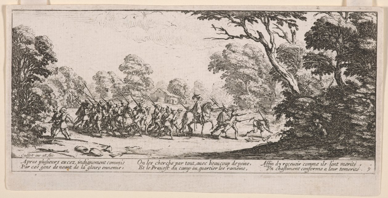 Descubrimiento de los malhechores, ilustración de Las grandes miserias de la guerra de Jacques Callot