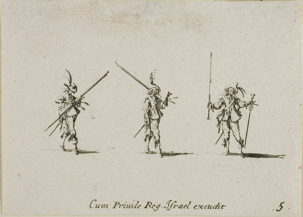 Ejercicio con picas inclinadas, lámina cinco de Los ejercicios militares de Jacques Callot