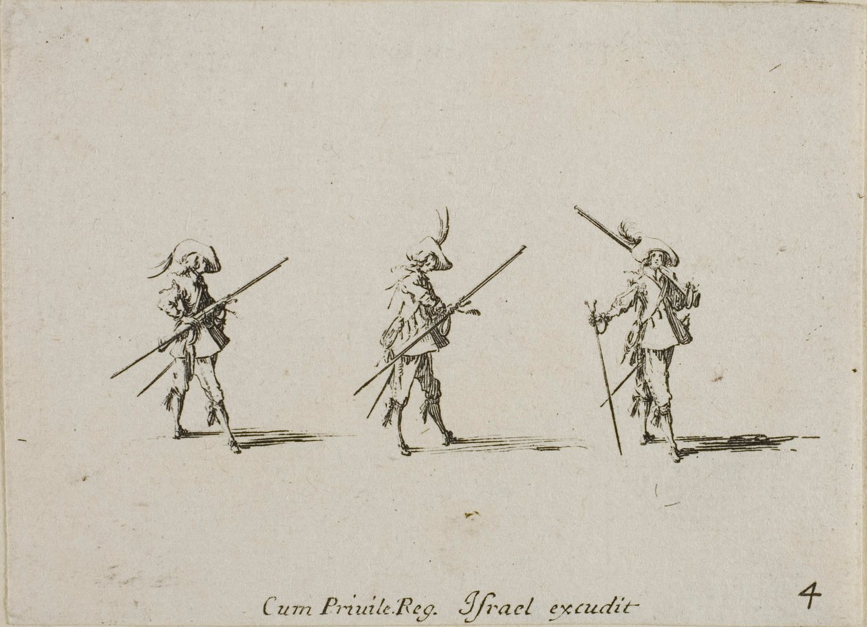 Ejercicio con el mosquete, lámina cuatro de Los ejercicios militares de Jacques Callot