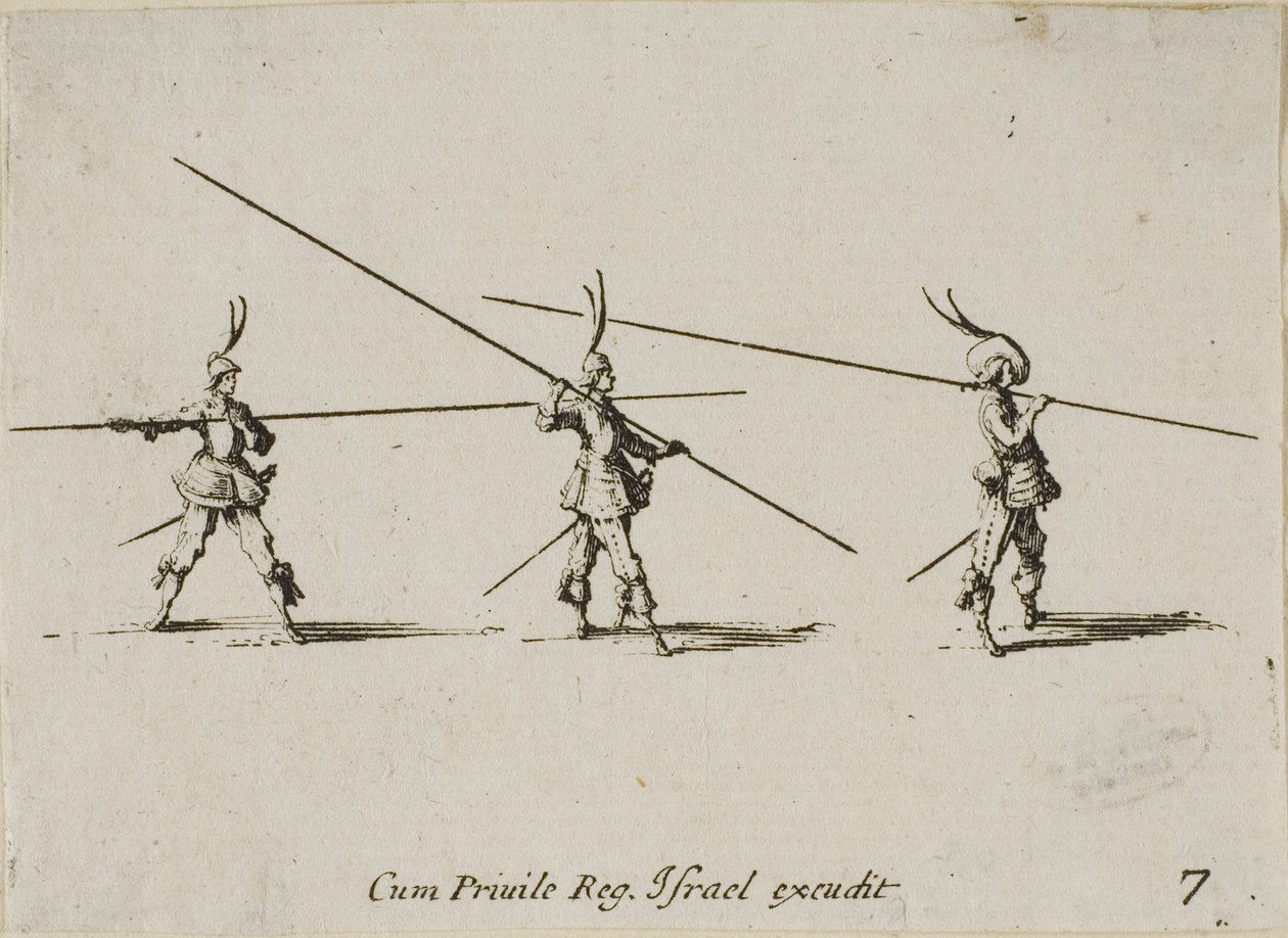 Ejercicio con el mosquete, lámina siete de Los ejercicios militares de Jacques Callot