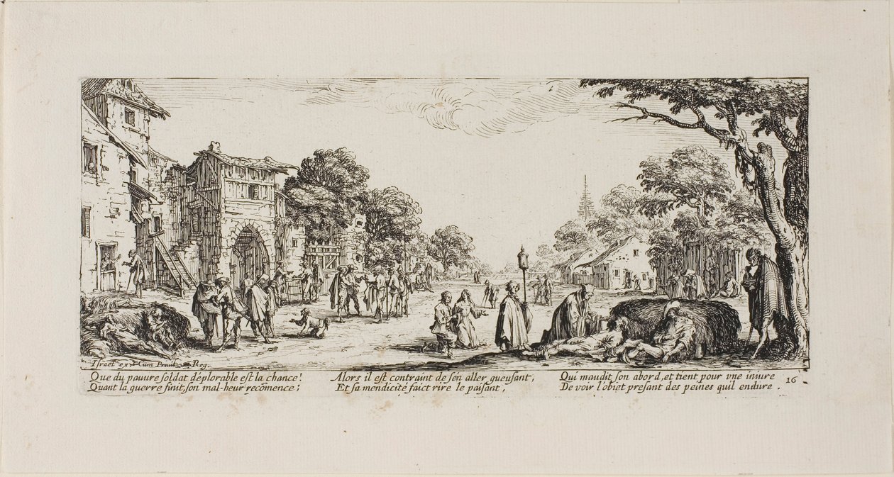 Soldados moribundos al borde del camino, lámina dieciséis de Las miserias de la guerra de Jacques Callot