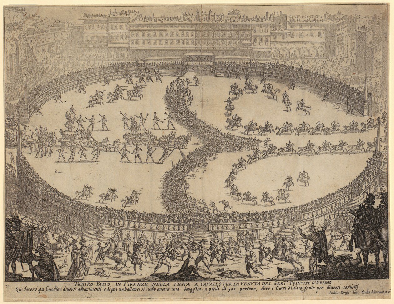 Entrada de los carros y desfile de la infantería y la caballería en la Piazza Santa Croce de Florencia en honor al príncipe de Urbino, lámina 6 de la serie «La guerra de la belleza» de Jacques Callot