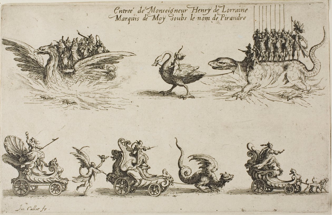 Entrada de Monseigneur Henry de Lorraine, Marqués de Moy, bajo el nombre de Pirandre, del Combate en la Barrera de Jacques Callot