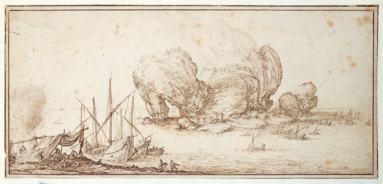 Rocas fantásticas, fortificadas. Envío. Bivouac de marineros a la vista de su embarcación (Le Grand Rocher) de Jacques Callot