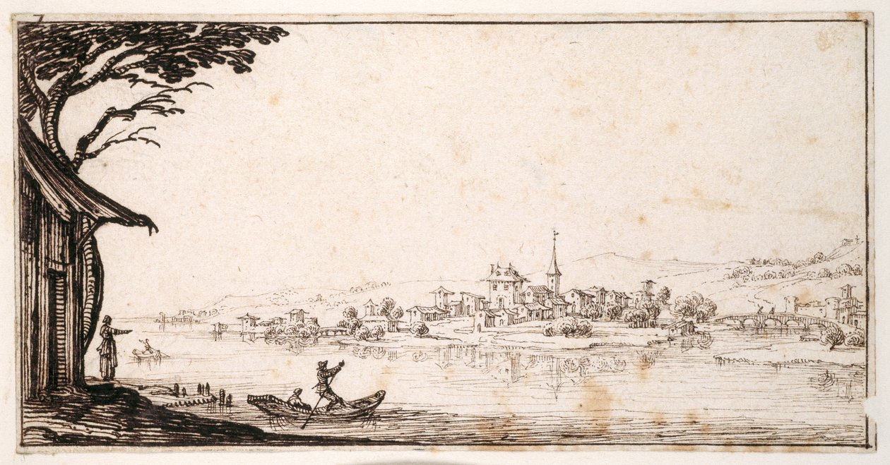 Transportando un pasajero a través de un río hacia un pequeño pueblo conectado por un puente a un castillo de Jacques Callot