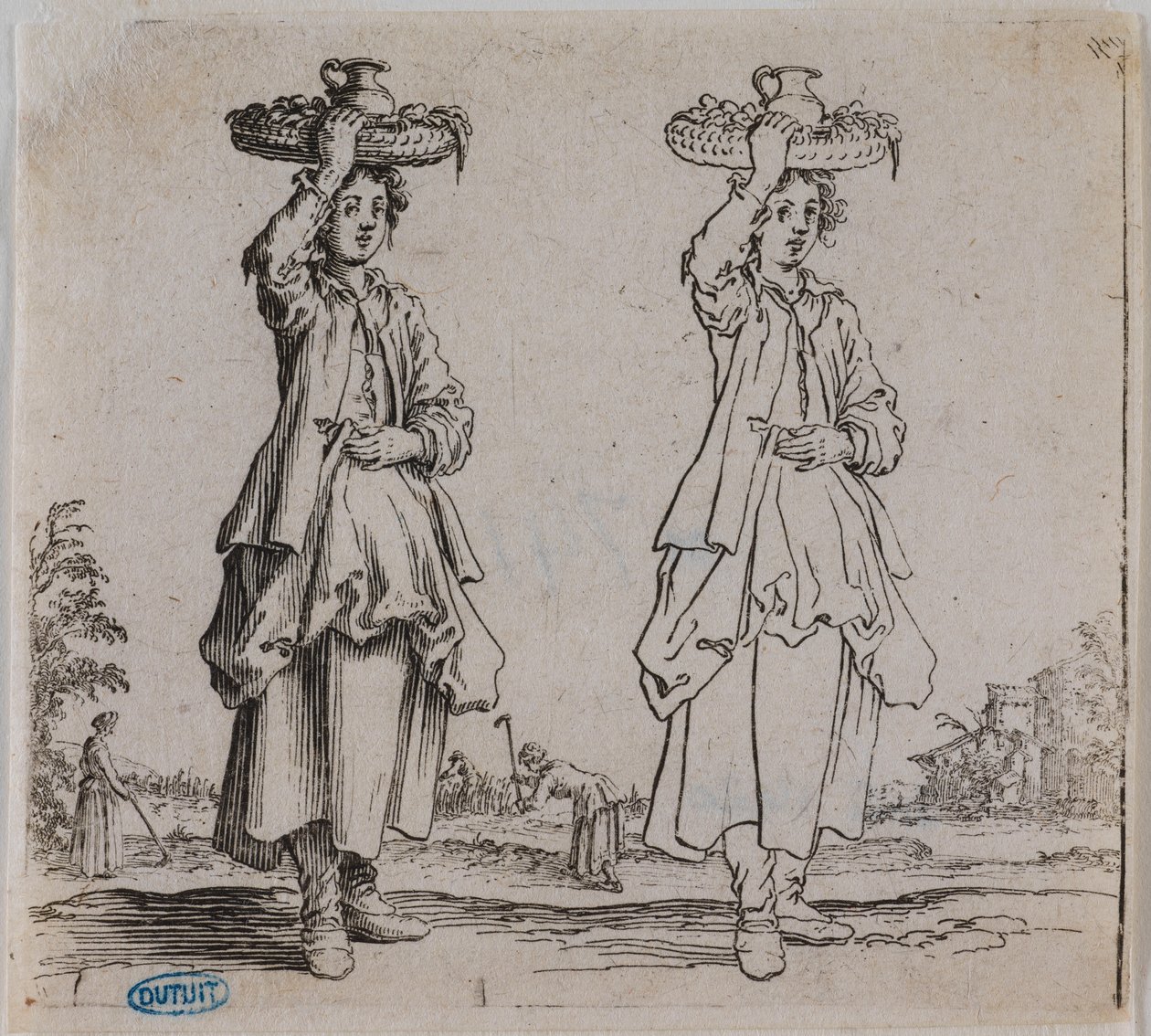 Figuras diversas. La campesina vista de frente, con una cesta sobre la cabeza. Sexta pieza de una serie de 16 (Lieure 203, Meaume 741) de Jacques Callot