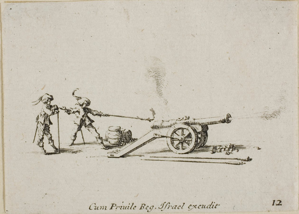 Disparando el cañón, lámina doce de Los ejercicios militares de Jacques Callot