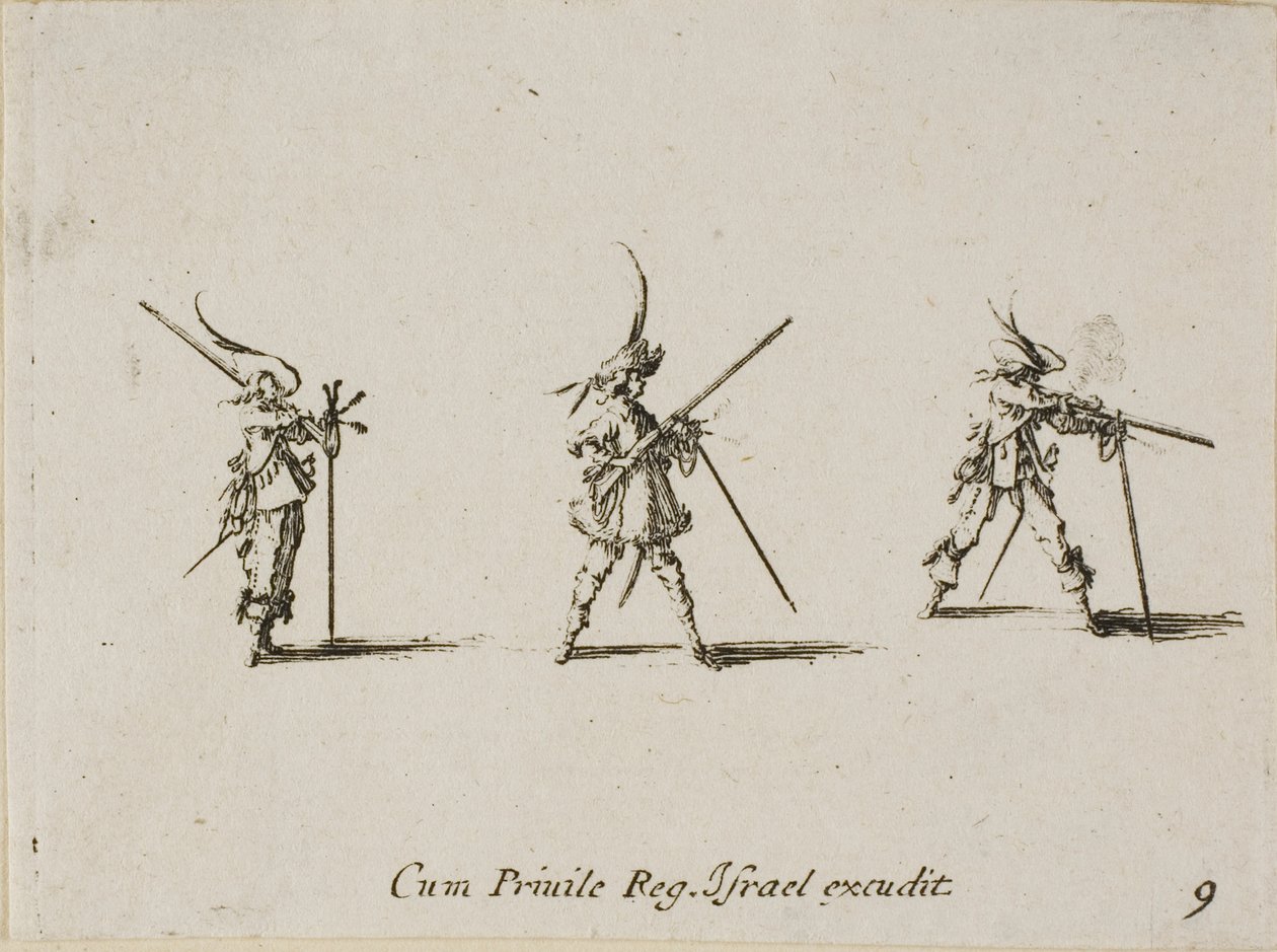 Disparando el Mosquete, lámina nueve de Los Ejercicios Militares de Jacques Callot