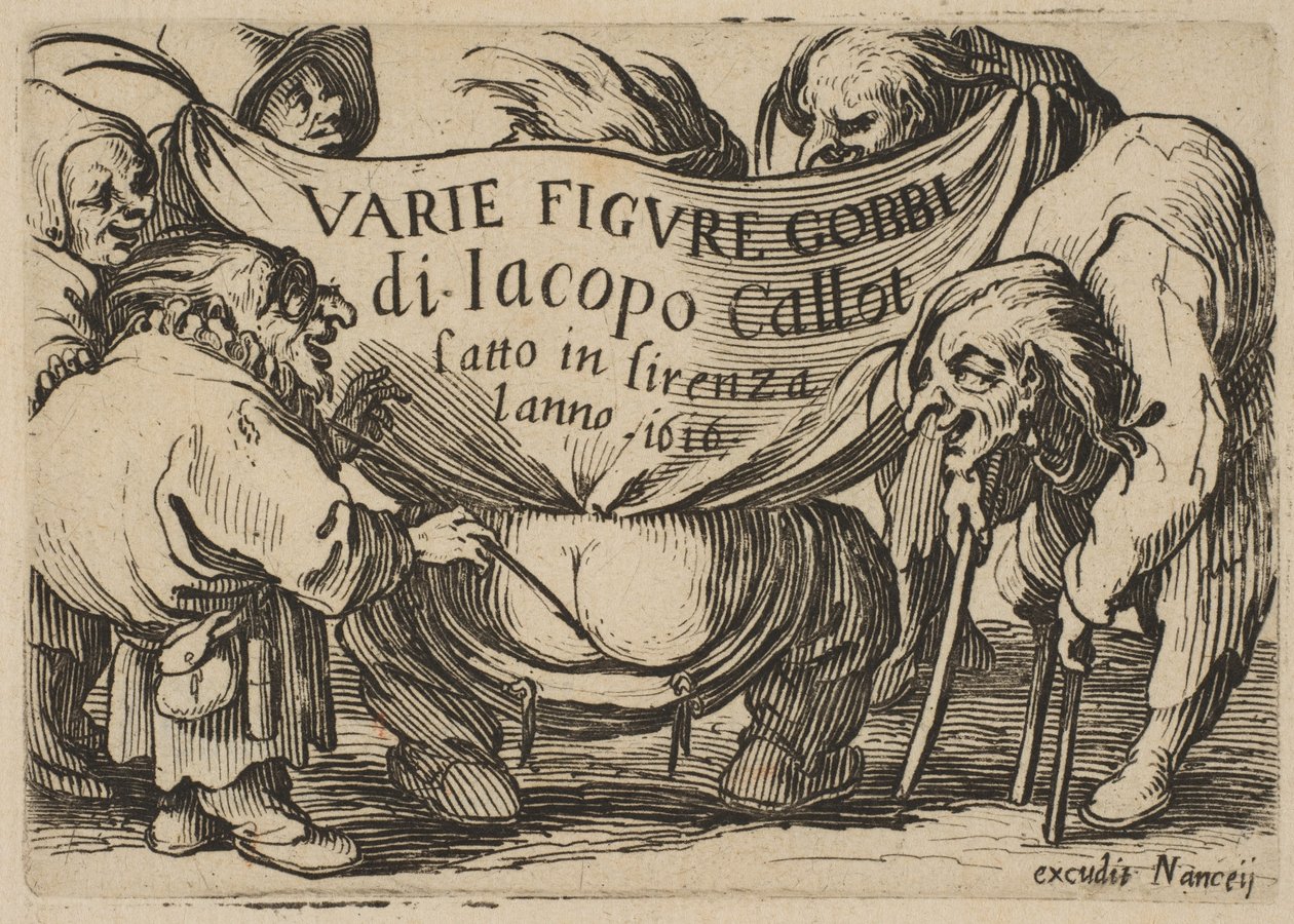 Frontispicio, de Varie Figure Gobbi, suite también llamada Les Bossus, Les Pygmées, Les..., 1616-22 de Jacques Callot