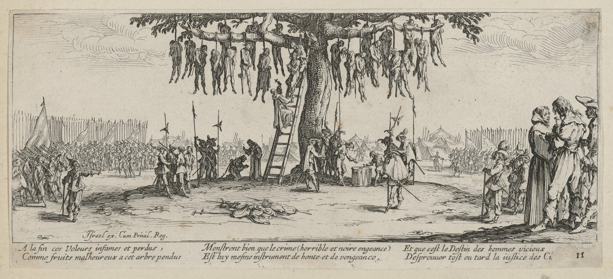«El ahorcamiento», lámina 11 de la serie «Los horrores de la guerra» de Jacques Callot