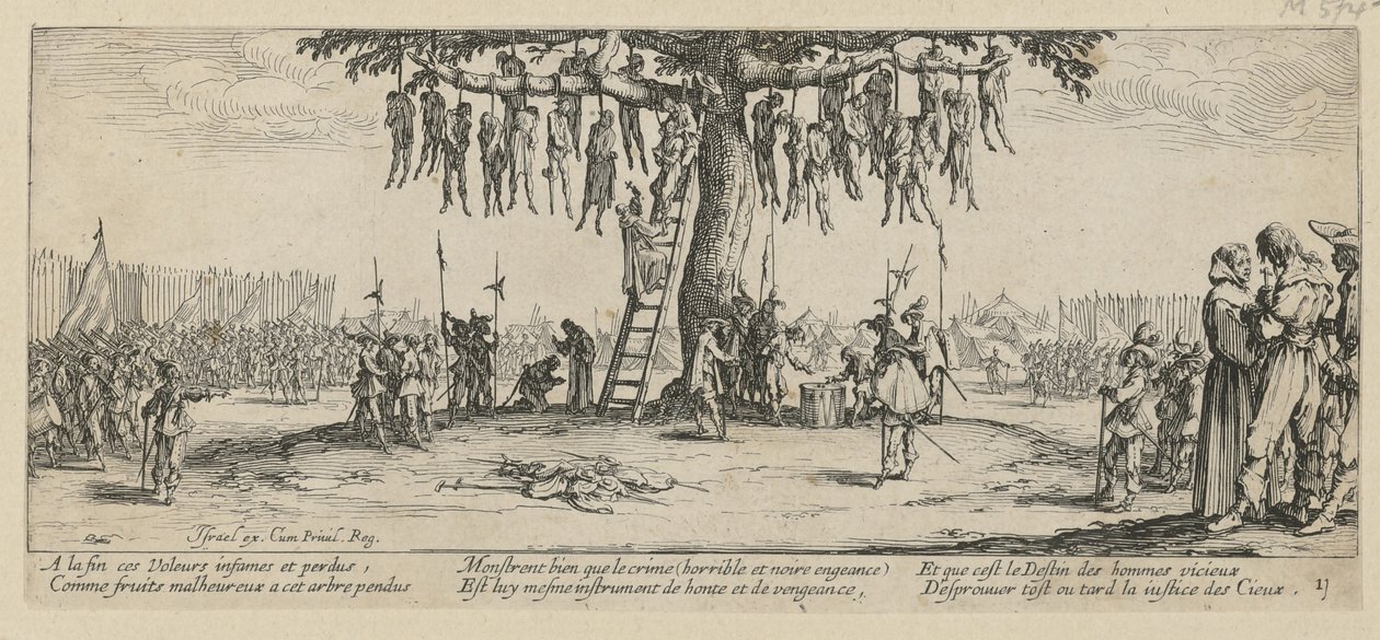 «El ahorcamiento», lámina 11 de la serie «Los horrores de la guerra» de Jacques Callot