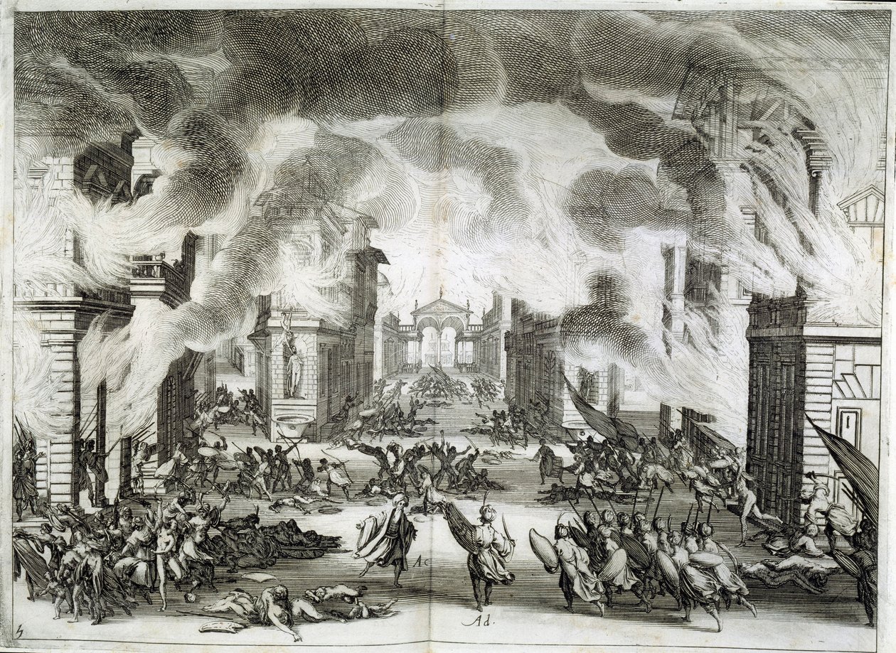 Ilustración de la obra "El Solimán" (Il Solimano). Tragedia de Próspero Bonarelli, Acto V, Escena V, 8 de diciembre de Jacques Callot