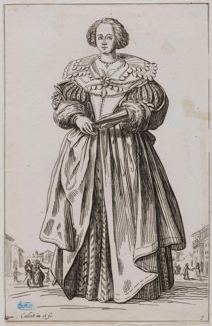 La nobleza, La dama del abanico. Noveno número de una serie de 12 piezas (Lieure 557, Meaune 683) de Jacques Callot