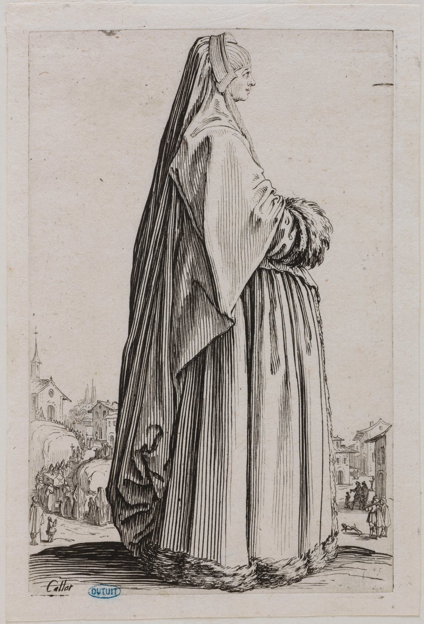 La nobleza: la dama con un gran velo en la cabeza y un vestido ribeteado de pieles. Quinto número de una serie de 12 piezas (Lieure 553, Meaume 679) de Jacques Callot