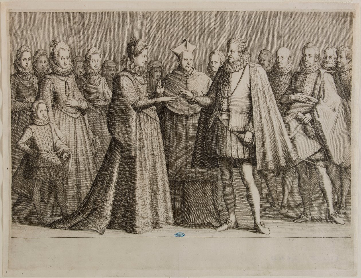 La vida de Fernando I de Médicis, El matrimonio de Fernando I. Primer número de una serie de 16 piezas completas y 2 piezas adicionales (Lieure 147, Meaume 534) de Jacques Callot