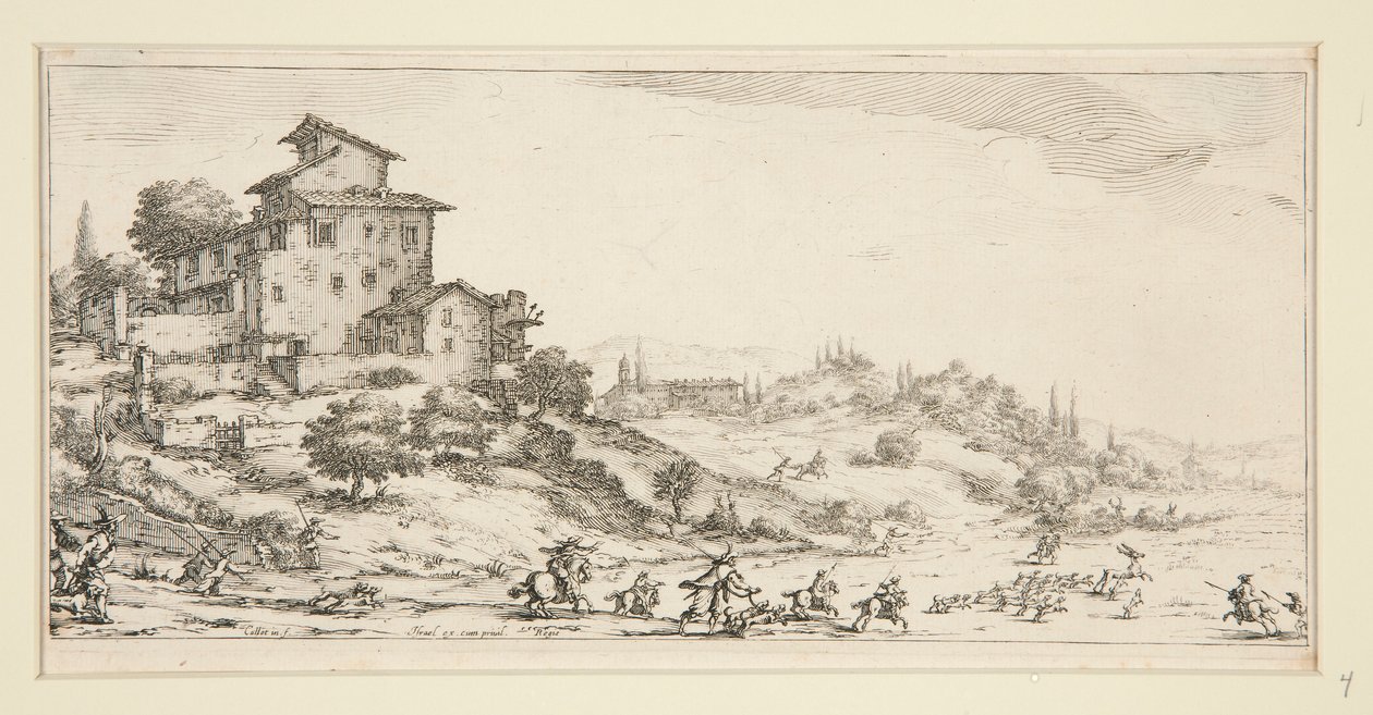 La chasse au cerf (Cacería de ciervos cerca de la mansión), de Paisajes para Giovanni de Medici de Jacques Callot