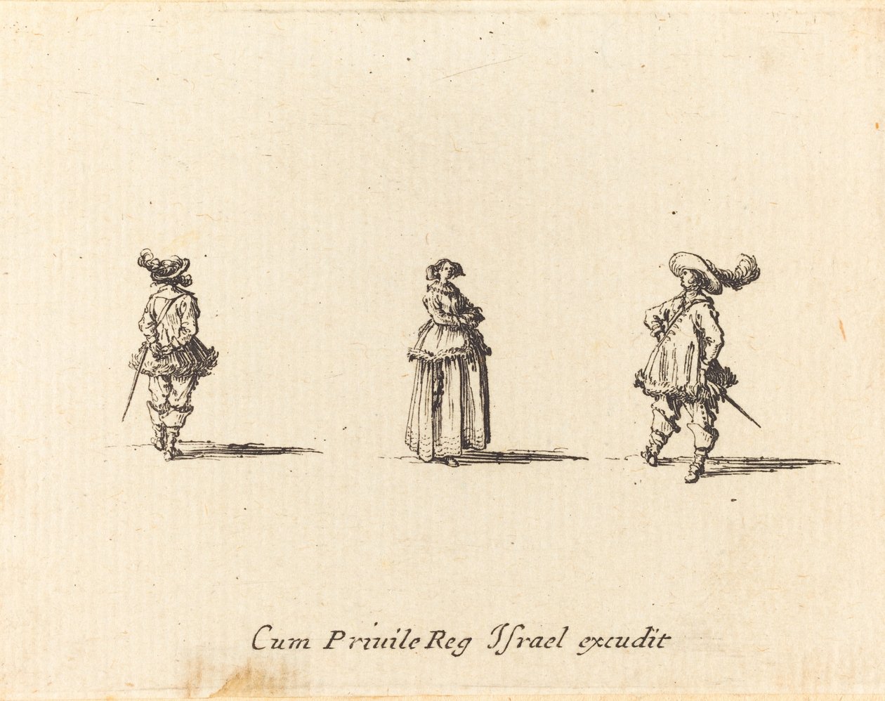 Dama con los brazos cruzados y dos caballeros de Jacques Callot