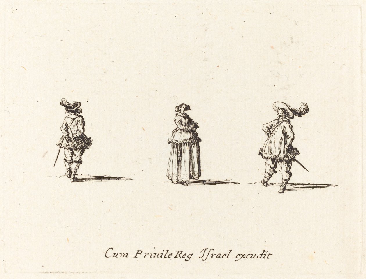 Dama con los brazos cruzados y dos caballeros de Jacques Callot