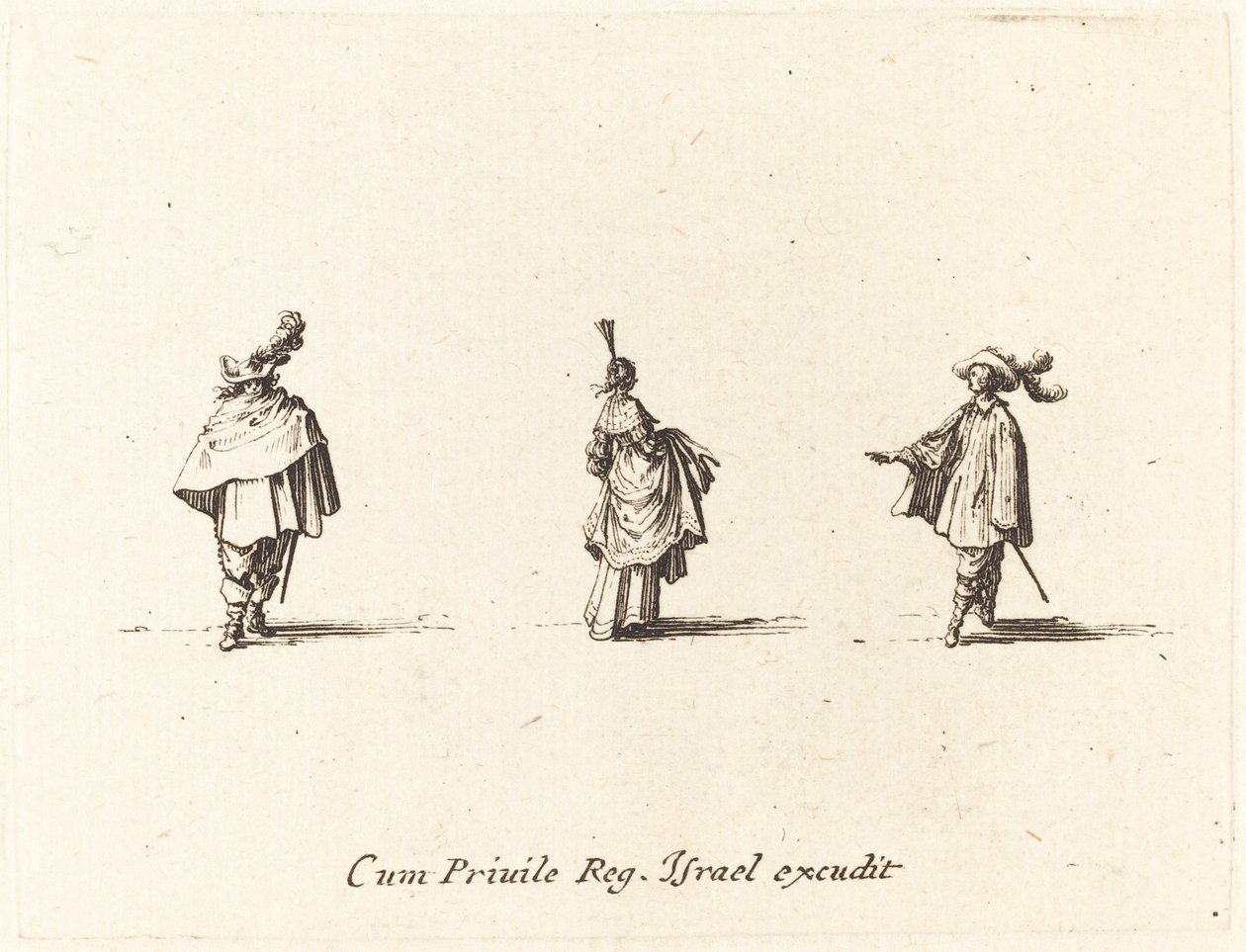 Dama con vestido recogido y dos caballeros de Jacques Callot