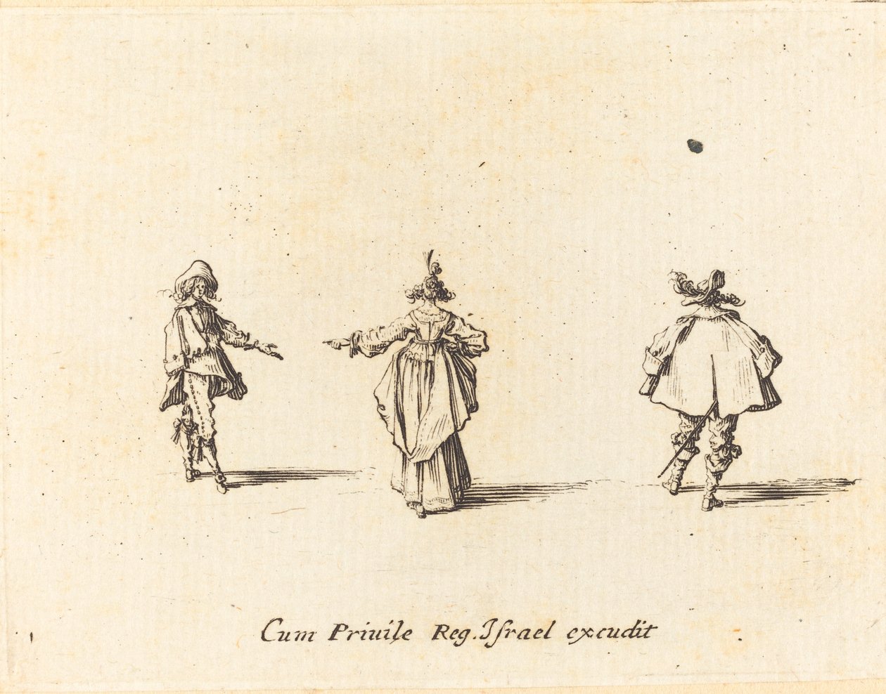Dama con brazo extendido, vista desde atrás, y dos caballeros de Jacques Callot