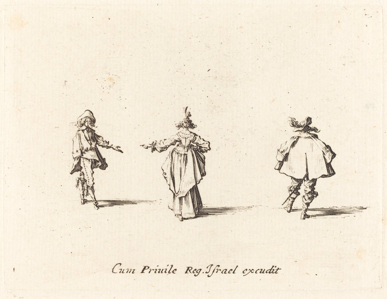 Dama con brazo extendido, vista desde atrás, y dos caballeros de Jacques Callot