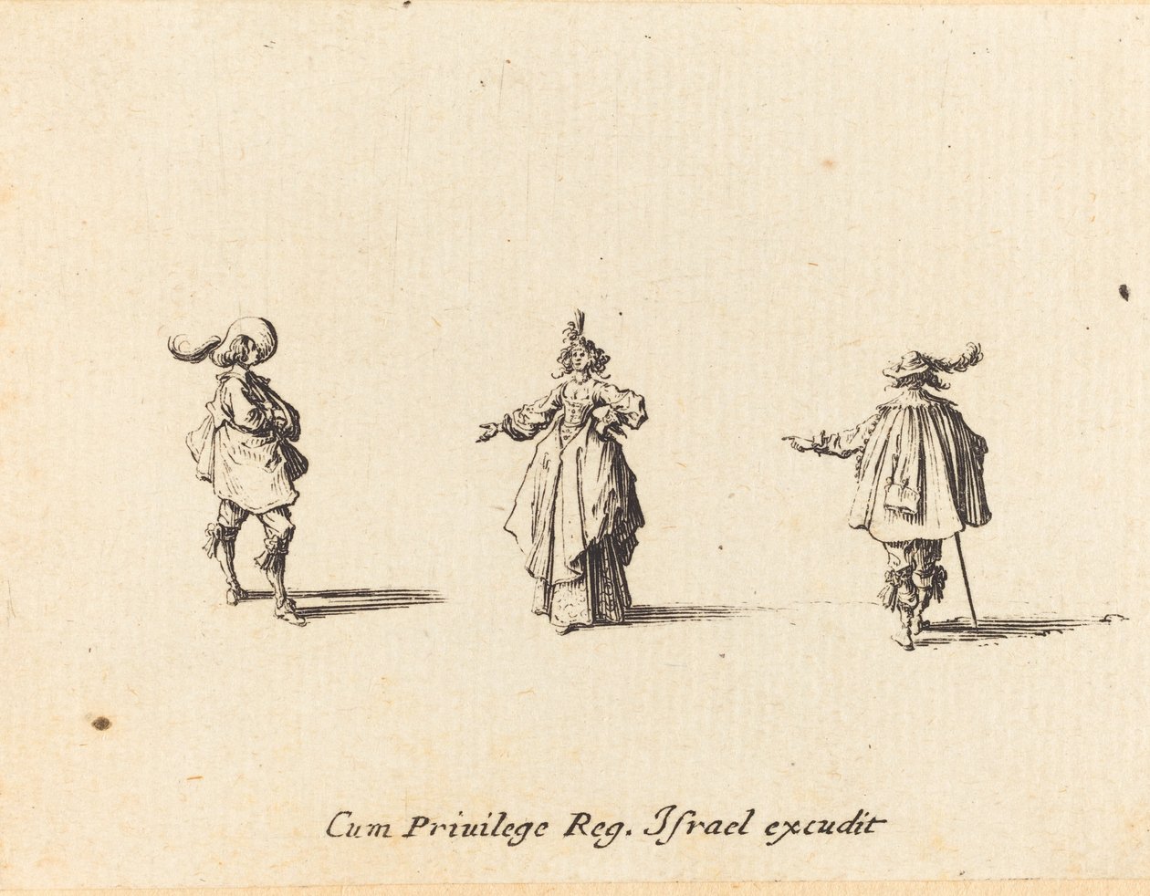 Dama con brazo extendido y dos caballeros de Jacques Callot