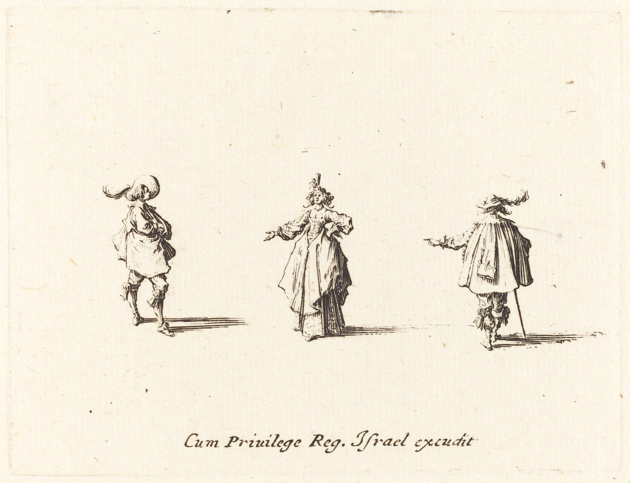 Dama con brazo extendido y dos caballeros de Jacques Callot