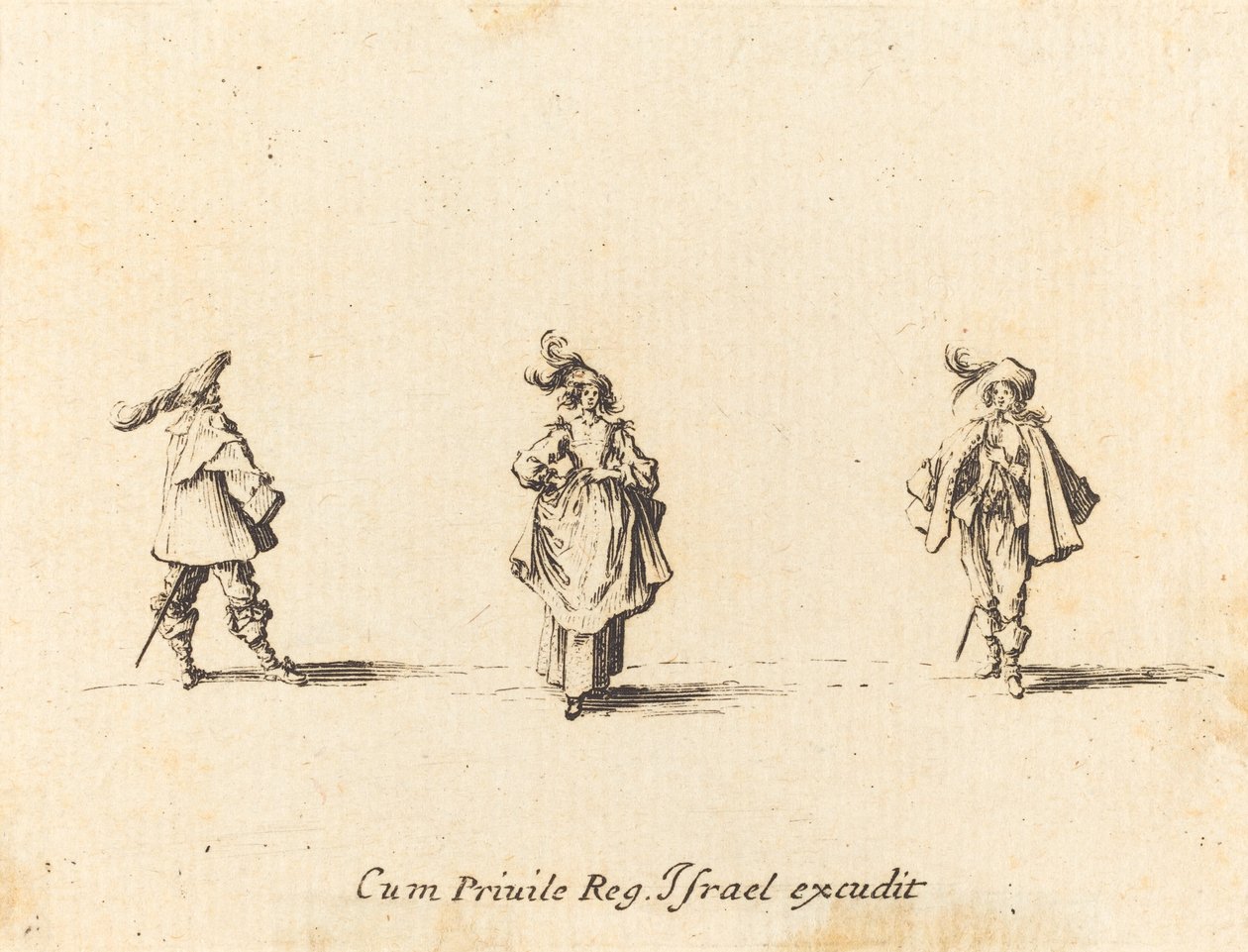 Dama con plumas y dos caballeros de Jacques Callot