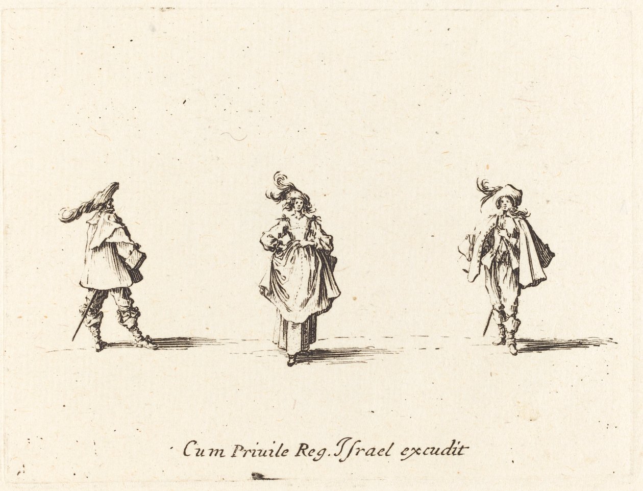 Dama con plumas y dos caballeros de Jacques Callot