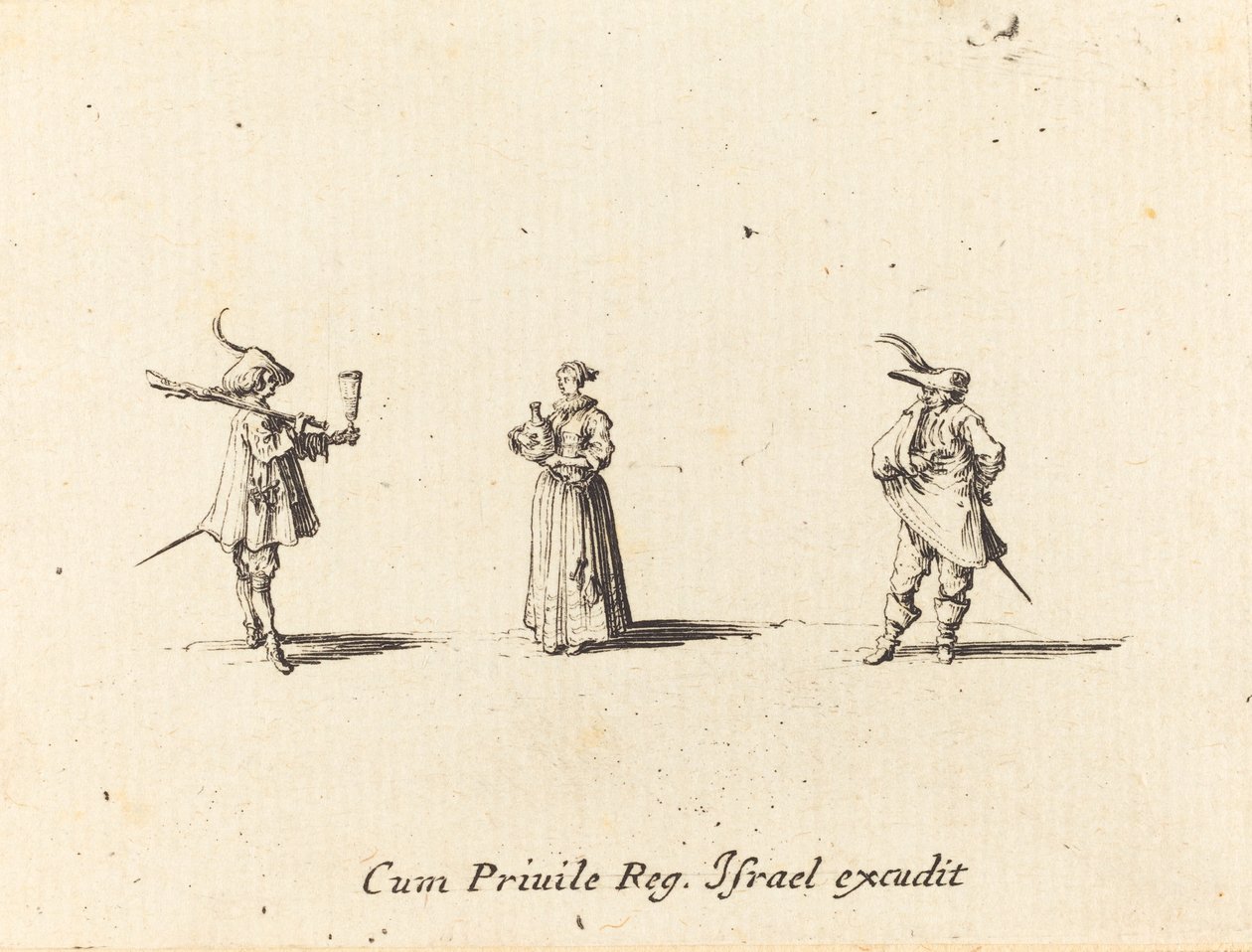 Dama con botella de vino y dos caballeros de Jacques Callot