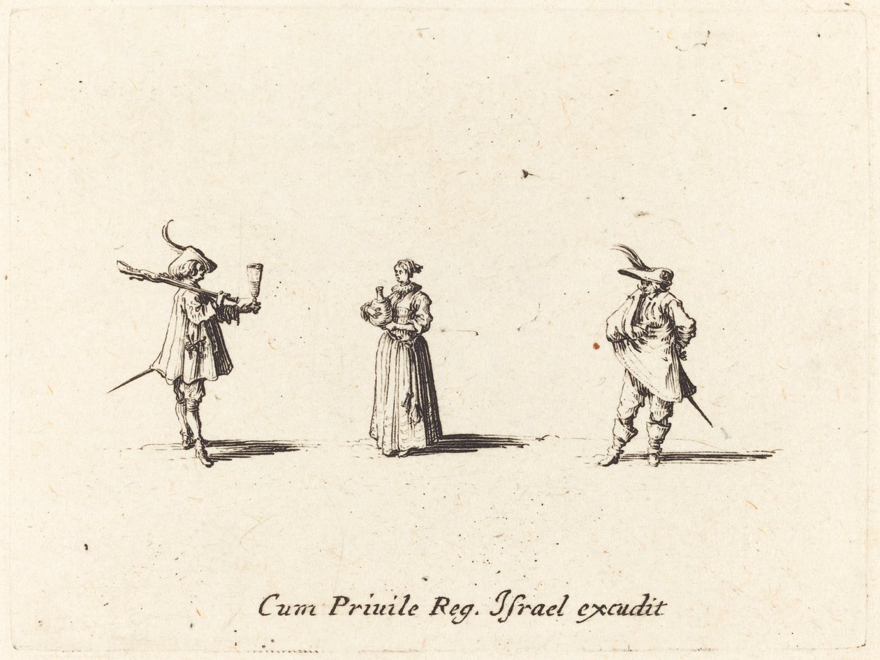 Dama con botella de vino y dos caballeros de Jacques Callot