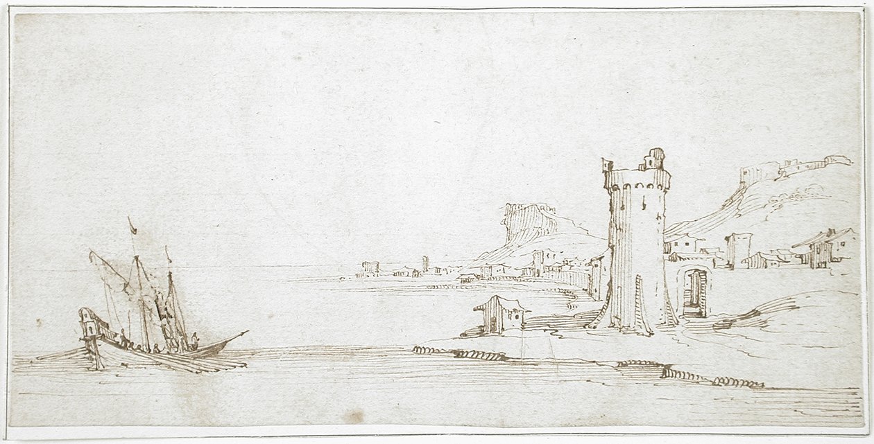 Paisaje con torre y barco de Jacques Callot