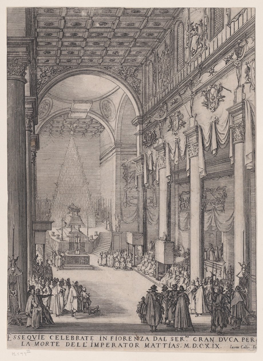 El catafalco del emperador Mathias, llamado también El pequeño predicador, La capilla funeraria de Florencia y Réquiem del emperador Mathias de Jacques Callot