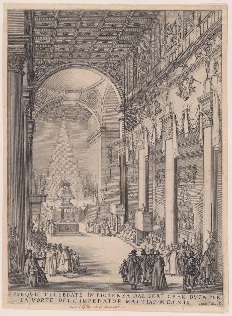 El catafalco del emperador Matías, también llamado El pequeño predicador, La capilla funeraria de Florencia y Réquiem del emperador Matías de Jacques Callot