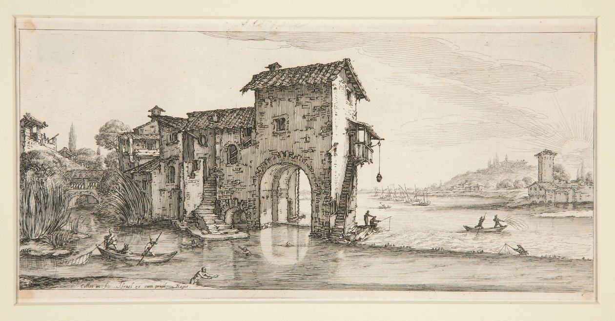 El molino de agua, de Paisajes para Giovanni de Medici de Jacques Callot