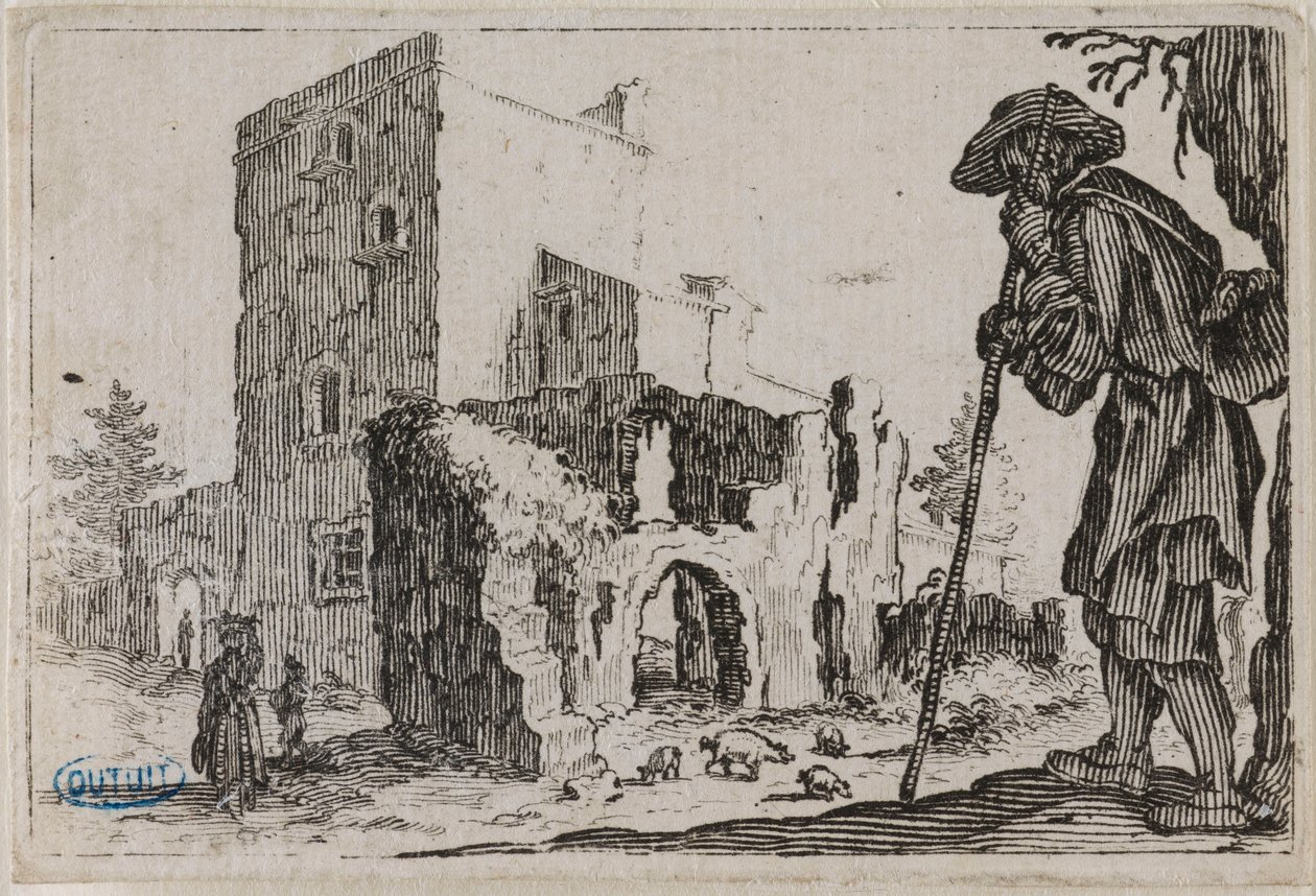 Los caprichos, El pastor y las ruinas. Quinto número de la serie de 50 estampas grabadas en Nancy (Lieure 432, Meaume 777) de Jacques Callot