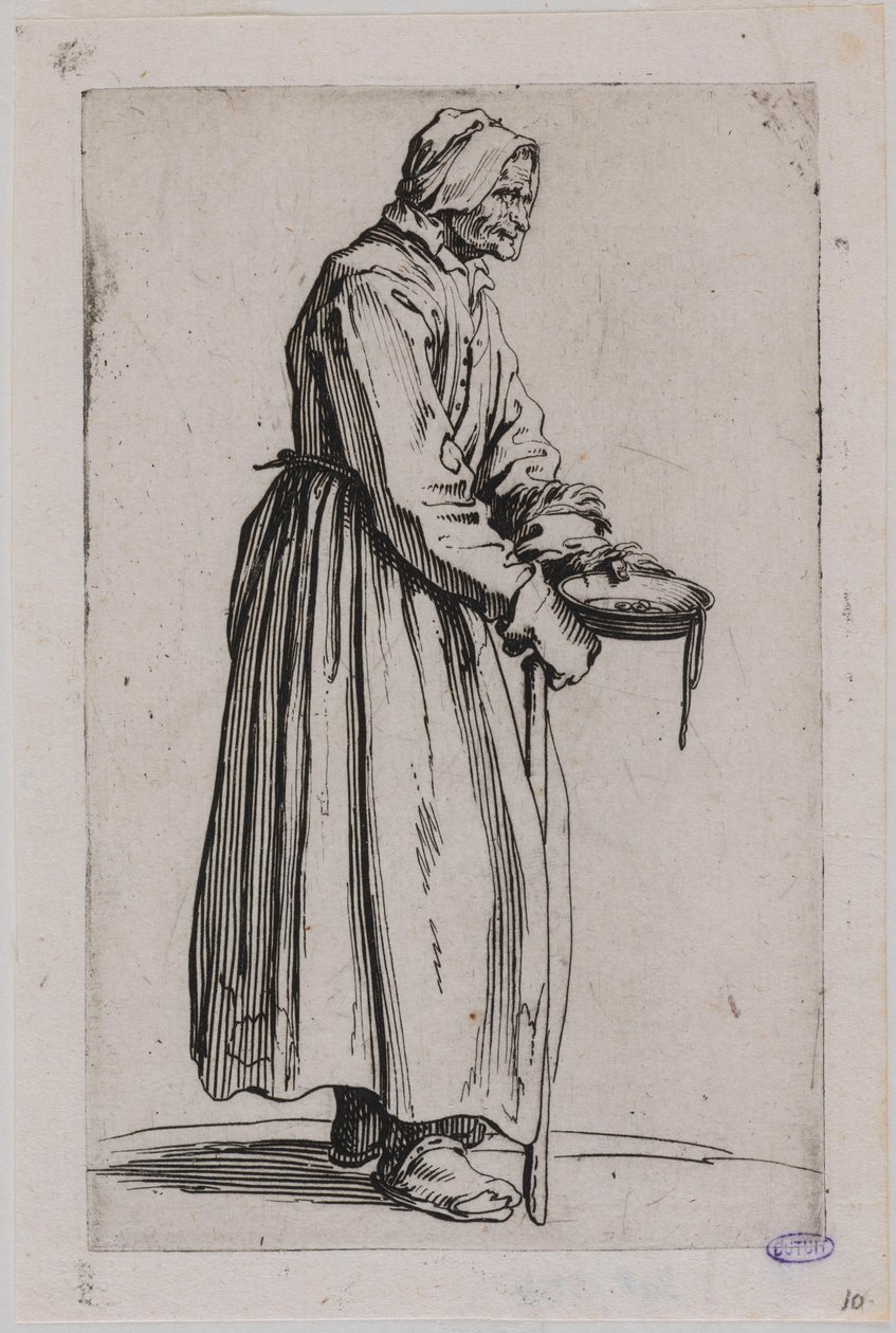 «Los mendigos», «La mendiga con el cuenco». Vigésimo número de una serie de 25 piezas (Lieure 498, Meaume 704) de Jacques Callot