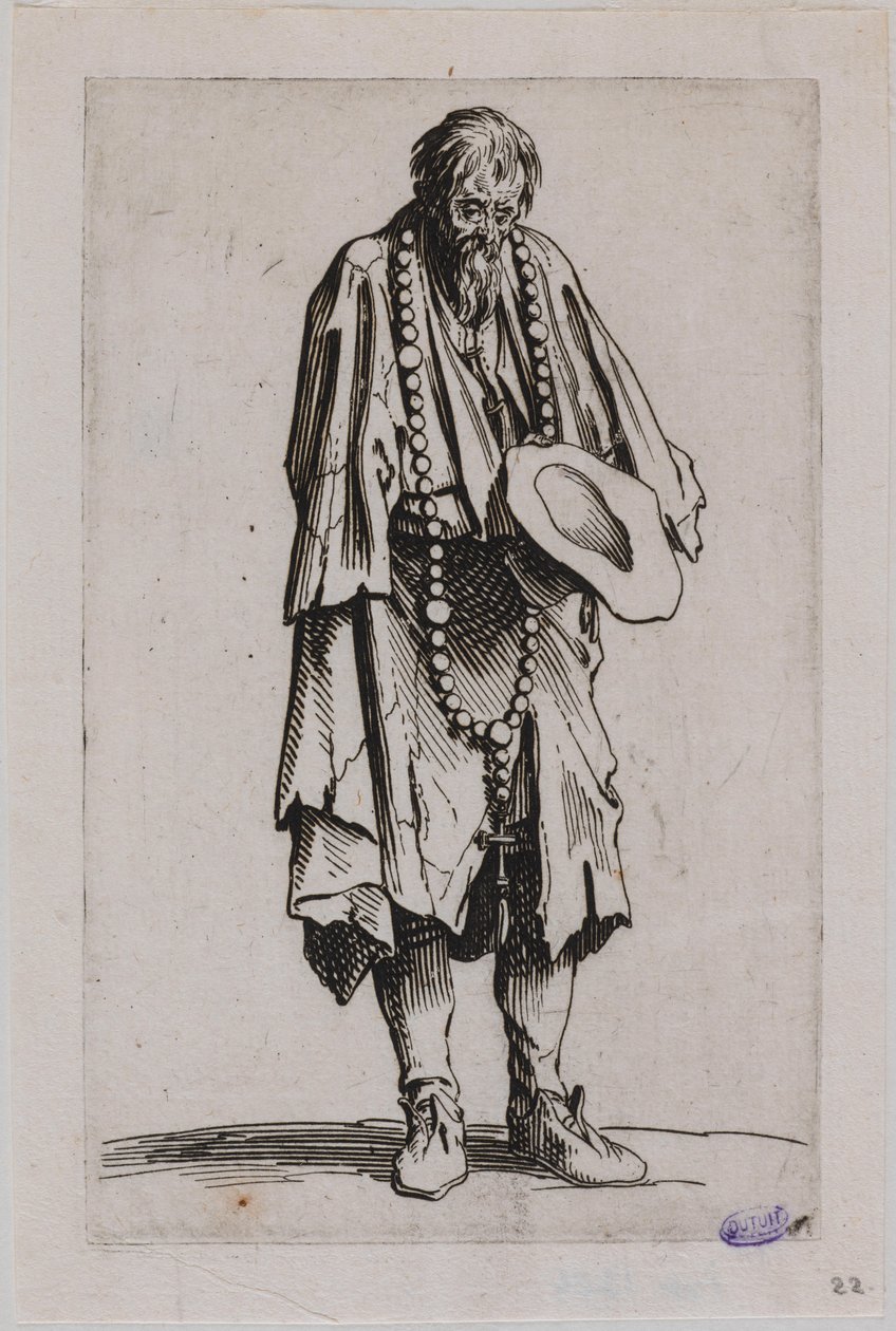 «Los mendigos», «El mendigo con el rosario». Undécimo número de una serie de 25 piezas (Lieure 489, Meaume 695) de Jacques Callot